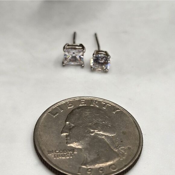 "5/$25" Pair of Mismatched Sterling Silver CZ Square & Round Stud Earrings - Picture 5 of 8